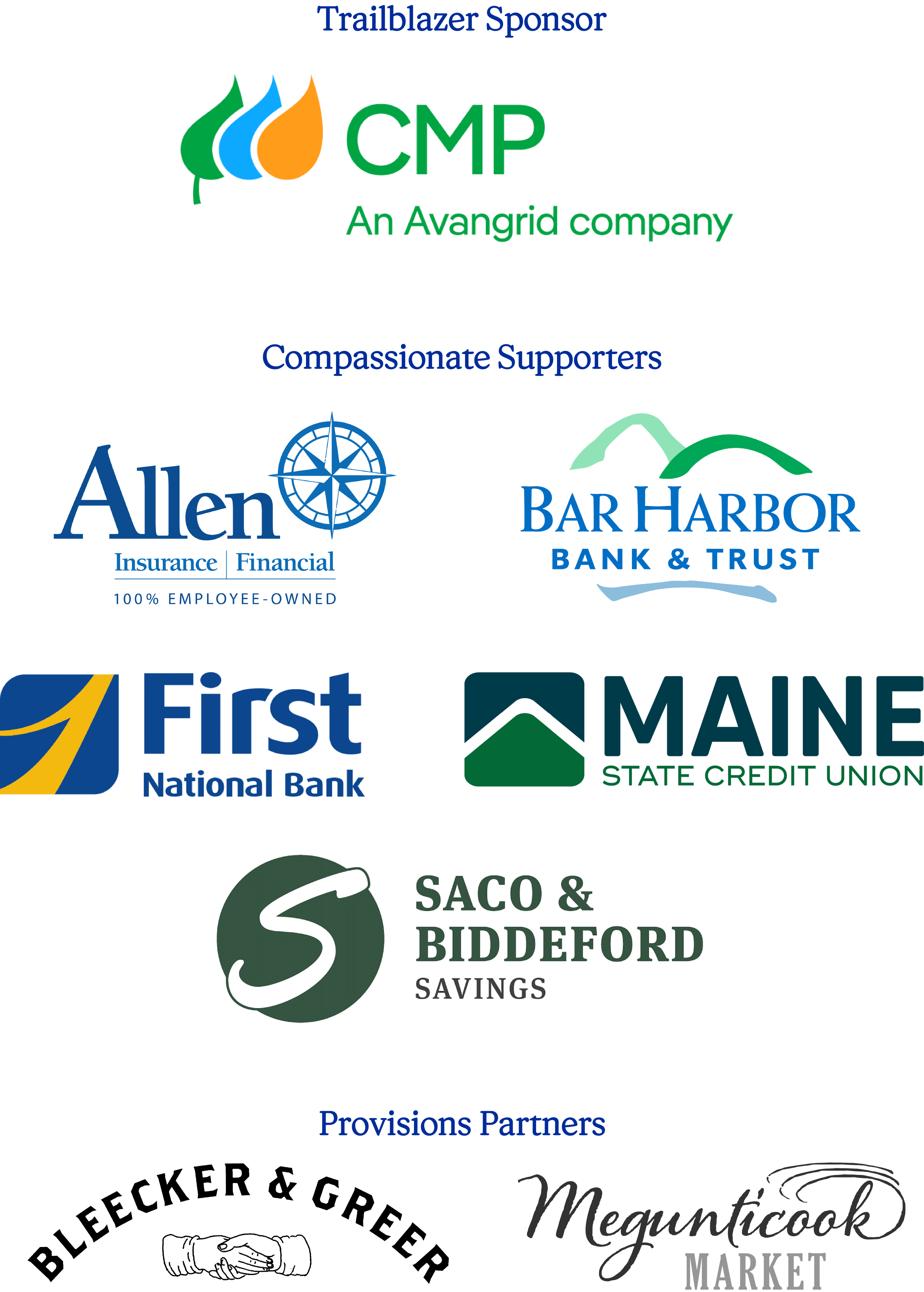 The image displays logos of sponsors and partners. The Trailblazer Sponsor is CMP, an Avangrid company. Compassionate Supporters include Allen Insurance & Financial, Bar Harbor Bank & Trust, First National Bank, Maine State Credit Union, and Saco & Biddeford Savings. Provisions Partners are also featured, including Megunticook Market.